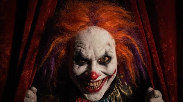 Mysterious Clown Behind Red Curtain. Scary tragicomic fun joker. Mysterious frightening comic character. Circus tent. Creepy Clown Peeking from Behind Curtains.