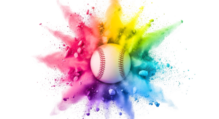 Dynamic baseball explosion of vibrant rainbow powder creates a stunning visual spectacle for sports and celebration themes