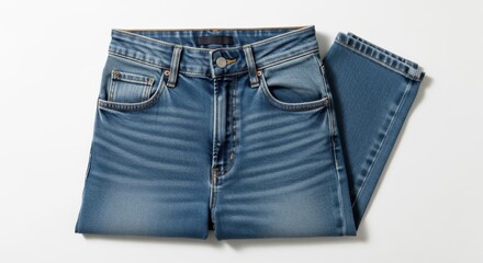 Folded blue denim jeans isolated on white background