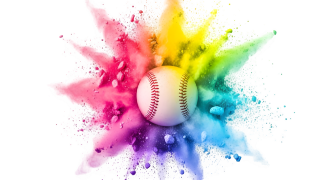 Dynamic baseball explosion of vibrant rainbow powder creates a stunning visual spectacle for sports and celebration themes