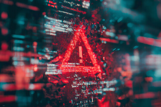 Abstract Cybersecurity Warning Digital Error Screen Background with Red Triangle Alert and Glitch Effect
