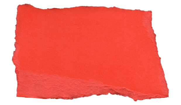 Red paper fragment with natural tears, creating uneven edges. The texture appears rough, giving it a vintage or handcrafted appearance, suitable as a design element. The bold red color.