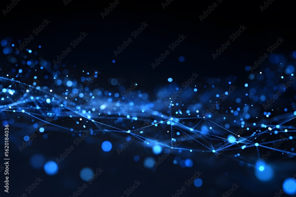 Poster abstract digital background with blue glowing lines and dots forming an illuminated tunnel leading t