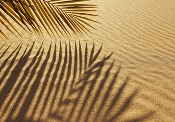 Golden hour sunlight casts a dramatic shadow of a tropical palm frond onto rippled desert sand, creating a serene, natural background.