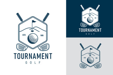 Vintage Golf Tournament Logo Classic Golf Ball and Flag Emblem with Crossed Clubs in Hexagonal Badge