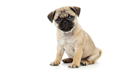 Obraz premium Adorable pug puppy sitting on white background with curious expression and floppy ears