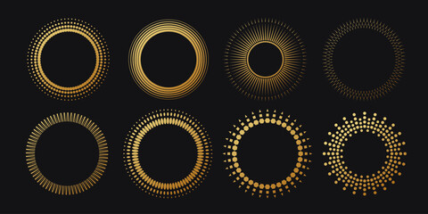 Set of round shaped frames. Golden halftone circle logo. Luxury design emblem.