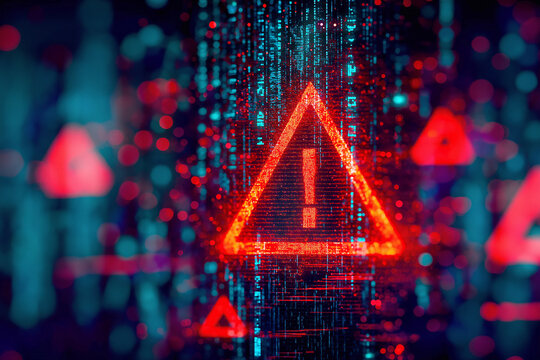 Abstract Cybersecurity Warning Digital Error Screen Background with Red Triangle Alert and Glitch Effect

