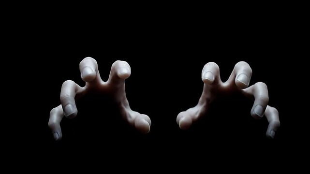 Two hands are poised in the dark fingers slightly curled as if to grab