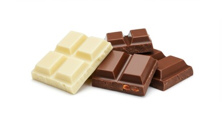 Assorted chocolate bars: dark, milk, and white chocolate selection on white background