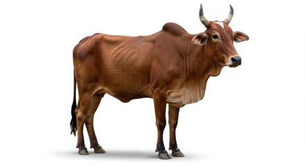 Majestic brown cow against isolated white background