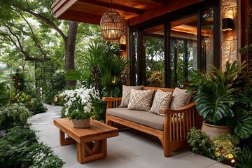 Fototapeta premium Cozy balcony with decorative wooden couch high resolution picture