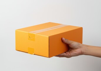 Hand holding bright orange box against minimalist background