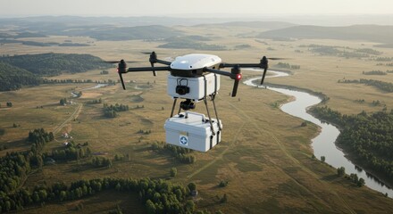 Aerial view of medical delivery drone flying over scenic rural landscape at sunrise