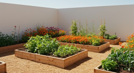 Sunlit urban rooftop garden with lush greenery and vibrant flower beds
