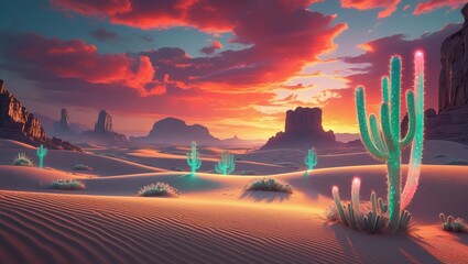 Glowing Sand Dunes under Fiery Sky 