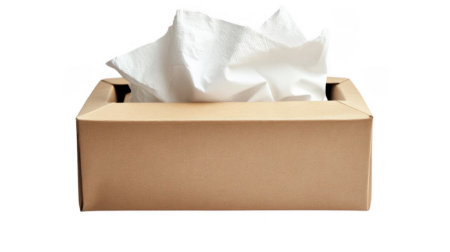 A simple cardboard tissue box filled with soft white tissues sits in a clean, minimalist environment