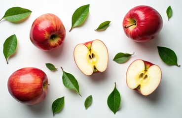 Whole, sliced red apples with green leaves arranged on white background. Flat lay, top-down view organic, fresh fruit, emphasizing healthy eating, diet styling. Natural studio light highlights