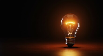 Glowing light bulb illuminating dark background with warm ambient glow