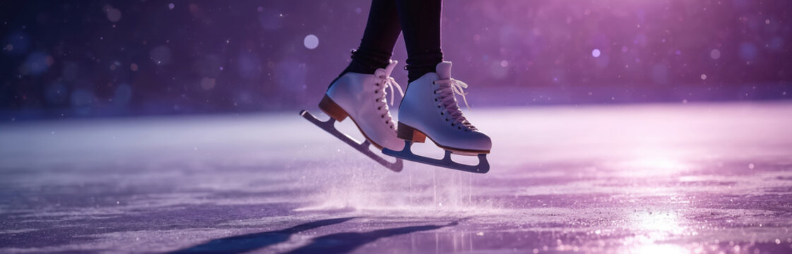 Fototapeta Figure skater jumps mid-air on icy surface, wearing white skates, black tights. Dreamy purple background with starry sky evokes winter sport magic. Close-up shoe detail highlights graceful motion,