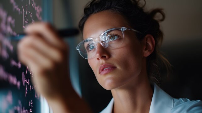 Female scientist writing equations on a glass board in a laboratory during evening hours - Powered by Adobe