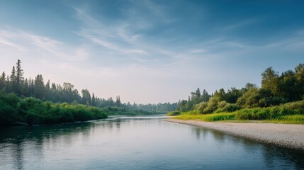 Fototapeta premium Serene river landscape with lush greenery and gentle ripples reflecting the sky, creating a peaceful natural environment for relaxation