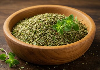 Fresh oregano in wooden bowl on rustic table, perfect for cooking and herbal remedies