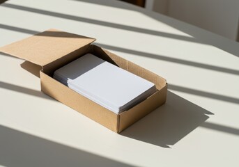 Open cardboard box with blank cards in sunlight on light surface