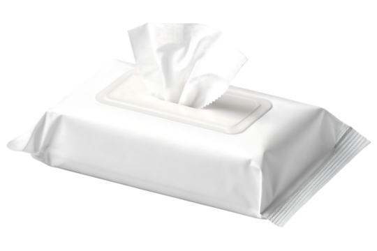 White tissue packet with tissues protruding from top opening and soft plastic wrapper, isolated on a transparent background - Powered by Adobe