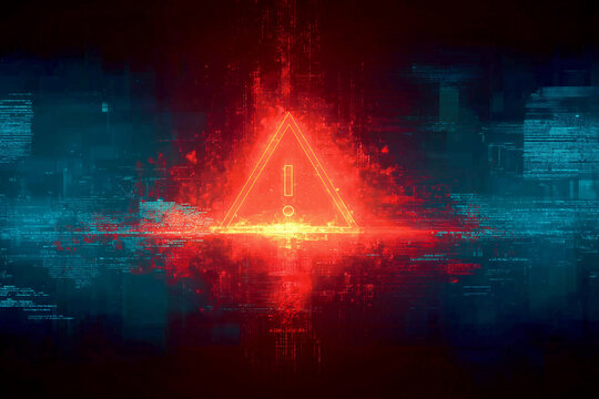 Abstract Cybersecurity Warning Digital Error Screen Background with Red Triangle Alert and Glitch Effect
