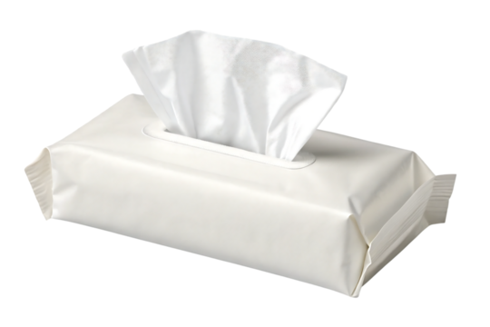 White rectangular tissue box with tissues emerging from top slot and clean packaging, isolated on a transparent background