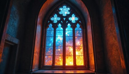 Fototapeta premium Intricate stained-glass window featuring cosmic universe with stars. Arched architecture frames colourful, vibrant glass. Light illuminates mystical, magical, dreamy scene with patterns of ancient
