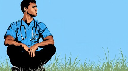 Pensive Male Healthcare Worker in Blue Scrubs Sitting Outdoors