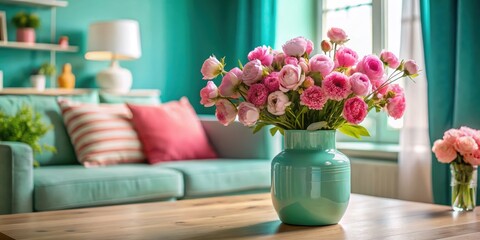 Colorful floral arrangement in modern turquoise vase on wooden coffee table