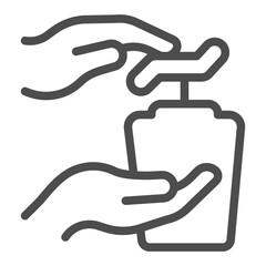 Liquid soap jar in hand line icon, body hygiene concept. Vector graphics. Hand and bottle with tap, hand washing sign on white background, outline style icon for mobile or web design.