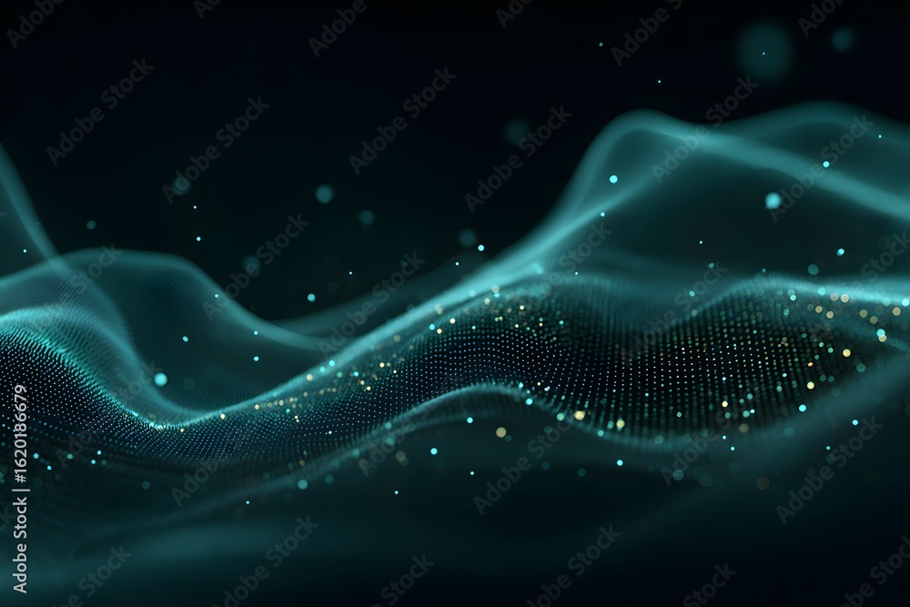 Poster abstract digital background with a wave of dots and lines in a dark blue-green color, suitable for a