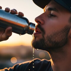 Thirsty man quenches thirst with water from steel bottle at sunset, water drops falling, evoking freshness and outdoor vitality