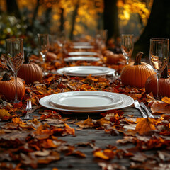 Fototapeta premium Table set for Thanksgiving dinner with pumpkins and leaves.