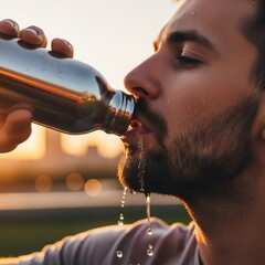 Thirsty man quenches thirst with water from steel bottle at sunset, water drops falling, evoking freshness and outdoor vitality