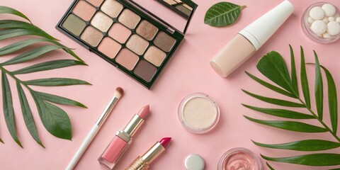Elegant makeup and skincare flat lay with tropical leaf decor on pastel background