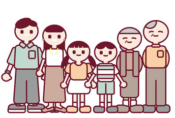 笑顔の家族が立っているシンプルなイラスト（祖父母あり）