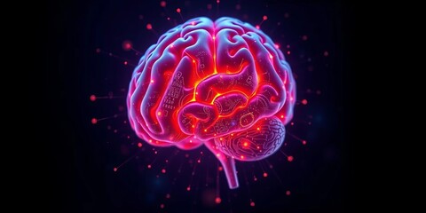 AI chip integrated into abstract brain, digital portrait on dark blue,   futuristic technology,  mind