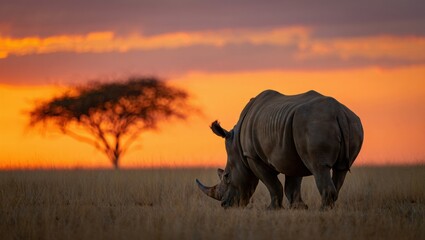 Majestic rhino at sunset on african savannah