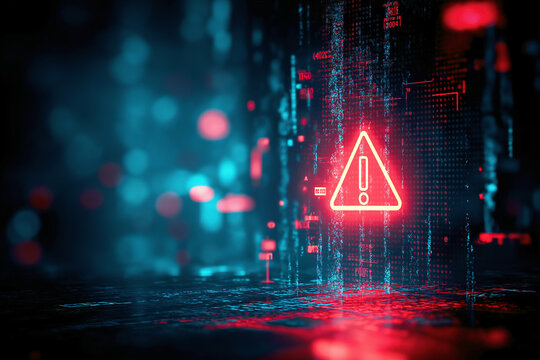 Abstract Cybersecurity Warning Digital Error Screen Background with Red Triangle Alert and Glitch Effect
