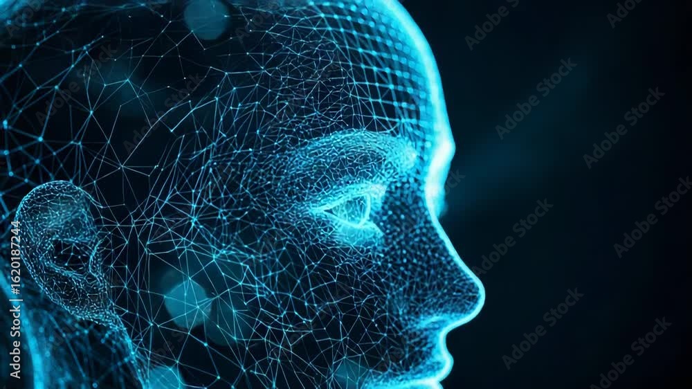 Poster artificial intelligence forming a face with futuristic connections
