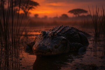 Majestic alligator resting in serene swamp at sunset with silhouette trees in background