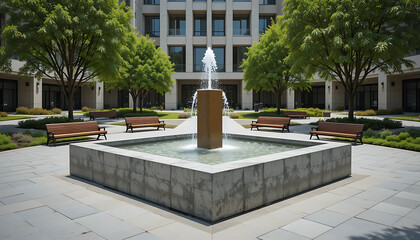 Obraz premium Fountain in a park surrounded by trees and buildings in a garden landscape