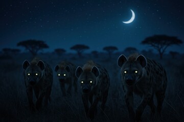 Nocturnal hyenas with glowing eyes under a starry sky in african savannah