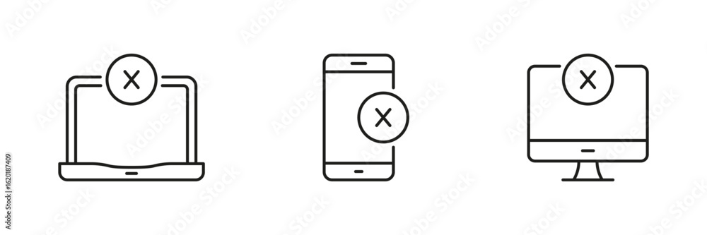 Poster laptop, smartphone, and desktop with error line icon set. device error, connectivity issues, and sys