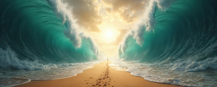 Illustration shows parting of sea waves allowing safe passage on sandy beach. Concept of biblical miracle, escape, freedom, religious faith, divine intervention, divine guidance, spiritual journey.